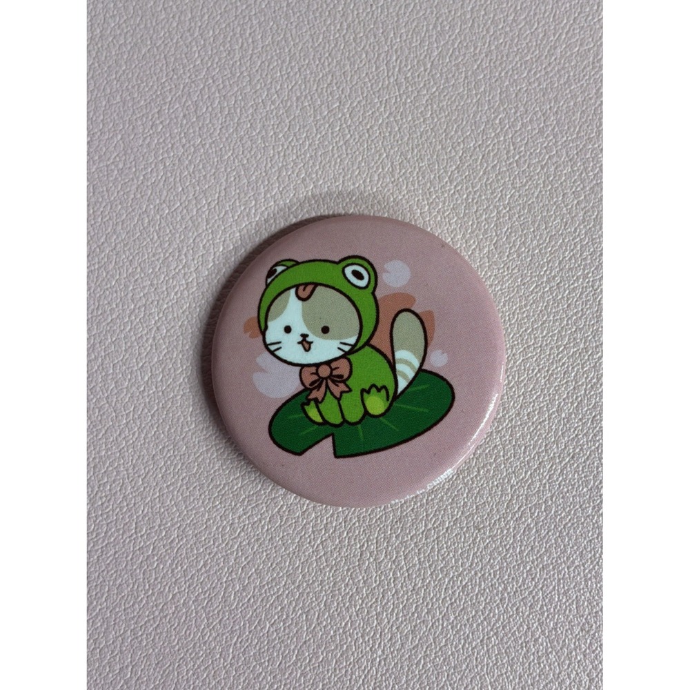 Cat Kitty As Frog Button Pin Back Pink Green Animal Collectible Pin